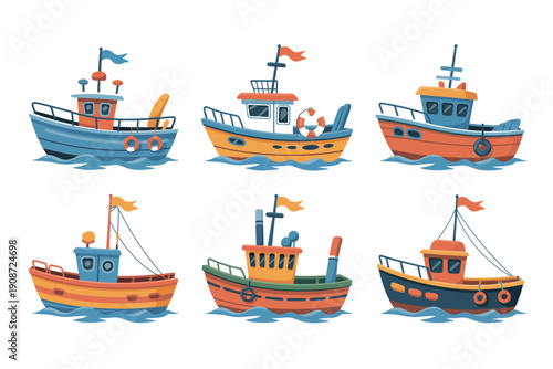 A colorful illustration of various boats floating on water with a white background