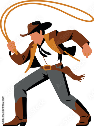 A cowboy in a dynamic pose swinging a lasso rope with a determined expression