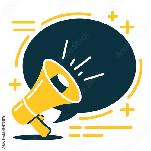 A graphic illustration of a yellow megaphone amplifying a message in a dark blue speech bubble with yellow accents.
