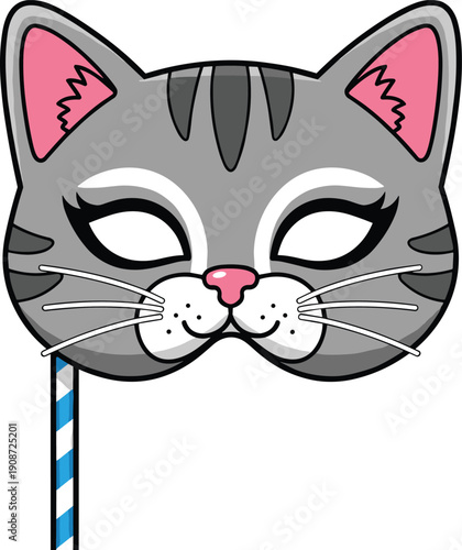 Cartoon cat face mask with stripes, whiskers, pink ears, and holding stick, playful costume accessory illustration for parties, theater, cosplay, and children’s activities