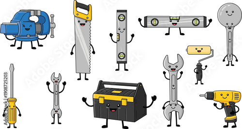 Cartoon hand tools with smiling faces, arms, and legs including saw, drill, wrench, screwdriver, toolbox, and paint roller, playful educational illustration for kids and construction projects