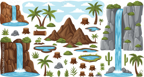 Cartoon natural landscape elements including waterfalls, mountains, palm trees, ponds, rocks, stumps, and clouds, playful environment design for games, education, and creative digital projects