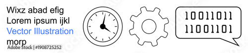 Digital communication, workflow optimization, data processing, technology, coding, innovation. Clock, gear and binary code speech bubble on a white background. Digital communication and workflow