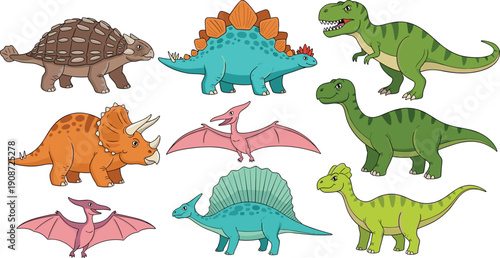 Colorful cartoon dinosaurs and prehistoric creatures including T‑rex, Triceratops, Stegosaurus, Pterosaurs, Sauropods, and Spinosaurus, playful educational illustration for kids, science
