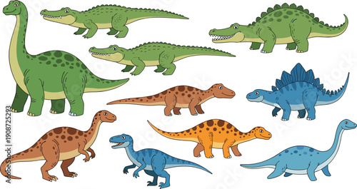 Colorful cartoon dinosaurs and prehistoric reptiles collection with sauropods, theropods, and armored species, playful educational illustration for kids, science, and prehistoric themed projects