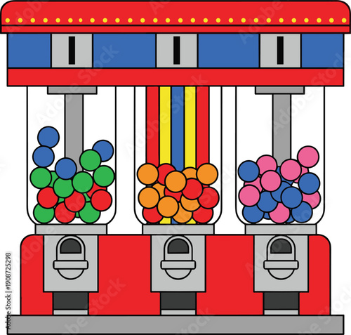 Colorful vending machine with three compartments filled with gumballs and candy sticks, classic arcade and mall dispenser illustration for kids, retail, and entertainment projects