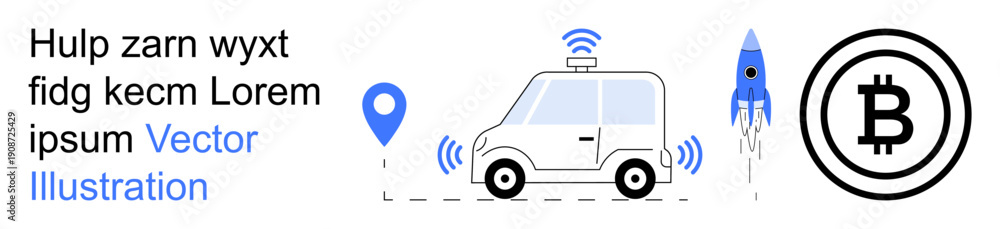 Obraz premium Autonomous driving, fintech trends, cryptocurrency transactions, blockchain, GPS tracking, space innovation. Self-driving car, Bitcoin icon rocket. Autonomous driving and fintech concepts