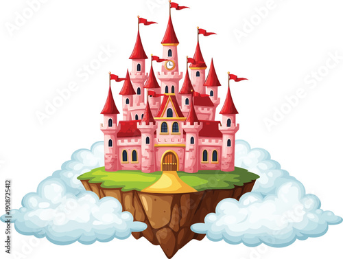 Fantasy pink castle on floating island with red‑roofed towers, flags, clock, and clouds, magical fairy tale illustration for storytelling, kids, and imaginative creative projects