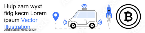 Autonomous driving, fintech trends, cryptocurrency transactions, blockchain, GPS tracking, space innovation. Self-driving car, Bitcoin icon rocket. Autonomous driving and fintech concepts