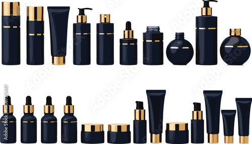 Luxurious black and gold cosmetic containers collection including pump bottles, jars, tubes, droppers, and sprays, elegant skincare packaging design for beauty, branding, and marketing projects
