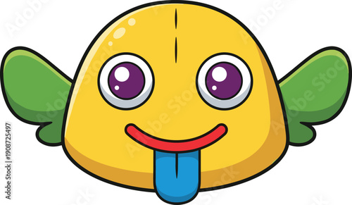 Playful cartoon yellow character with purple eyes, red smiling mouth, blue tongue, and green wing‑like appendages, whimsical mascot design for kids and creative projects