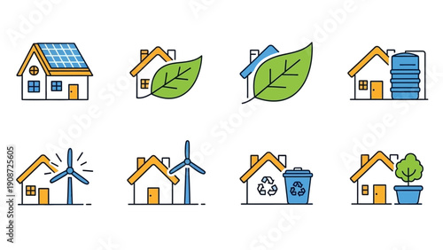 Eco-friendly house icons: solar, wind, water, green leaf, recycling, tree