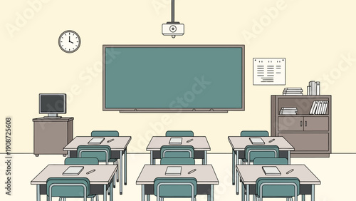 Empty Classroom with Desks, Projector, and Whiteboard - Back to School Concept