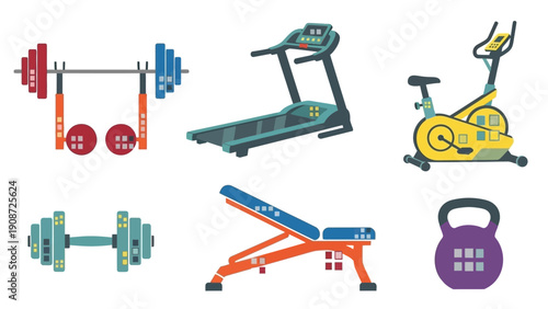 Gym Equipment Collection: Treadmill, Bike, Dumbbells, Barbell, Bench, Kettlebell