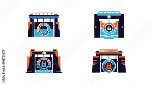 Water Lock Gates with Security Symbols, Industrial Water Management Icons