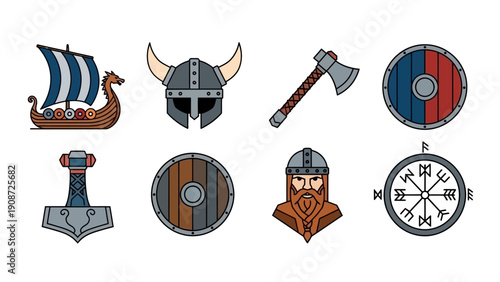 Viking Icons: Ship, Helmet, Axe, Shields, Hammer, Viking Portrait, Compass