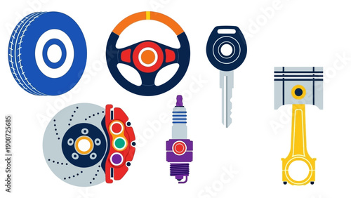 Car Parts Collection: Tire, Steering Wheel, Key, Brake, Spark Plug, Piston