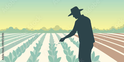 Farmer checking crop growth in organized farmland rows. Perfect for agriculture management, crop monitoring, sustainable farming, and food production concepts.