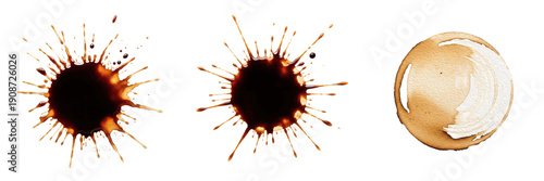 Set of Coffee Splatters and Brown Liquid Stains Isolated on White Background