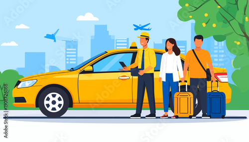 Passengers with Luggage and Taxi in Airport City