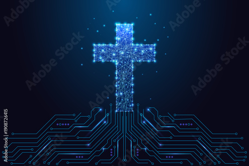 Glowing Digital Cross Above Circuit Board. Futuristic Religion and Spirituality Vector Illustration