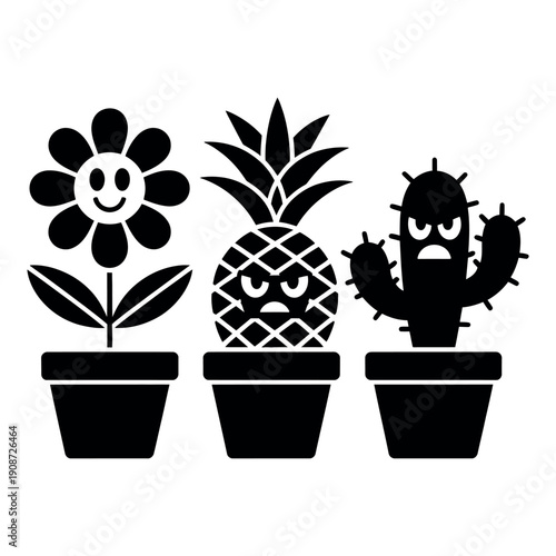 A set of three cartoon potted plants with different emotions on a white background