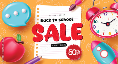 Back to school clipart design banner. Back to school sale discount text in white paper with educational supplies, elements and objects in colorful yellow pattern background for education promotion.

