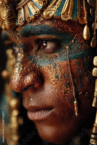 Close up photo of an egypt pharaoh with face painting and diadems