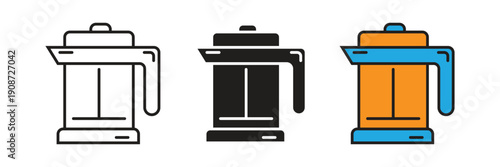 French Press Icon Vector. French press coffee maker icon set in three styles, suitable for cafeteria menus, home brewing guides, and kitchen appliance illustrations.