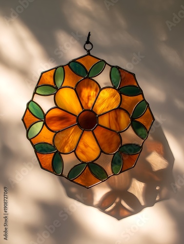 Stained glass floral mandala suncatcher in warm amber tones