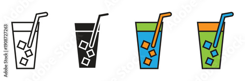 Iced Drink with Straw Vector Icon. Cold beverage glass icon featuring ice cubes and a straw for summer drink and refreshment.