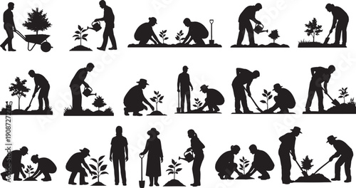 Silhouettes of people planting trees and watering plants in various gardening activities