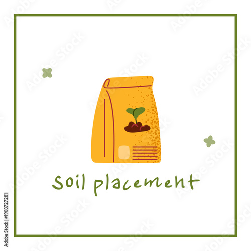 Soil bag with seedling illustration showing gardening material and young plant growth. Suitable for gardening themes, planting concepts and educational visuals.