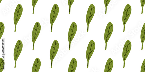 Spinach leaf illustration composition with stylized green leaves and subtle dotted detail arranged in a repeating visual rhythm. Suitable for food related themes and plant based concepts.