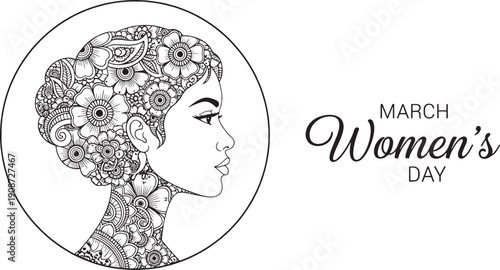 Black and white line profile of a woman with floral patterned hair and neck celebrating International Womens Day