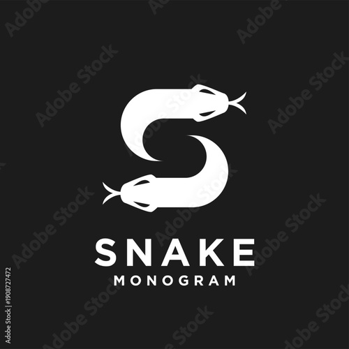 S Letter Snake Monogram Logo Design. Elegant Stylized White Serpents on Black Background.