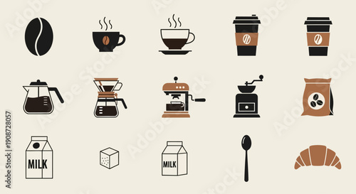 Coffee collection, different coffee elements with lettering. Cute cartoon icons in hand drawn style. Vector illustration
