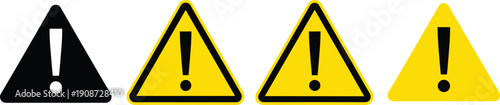 Warning sign vector illustration with exclamation mark, caution hazard icons, alert safety symbols, abstract triangular design, minimal graphic artwork