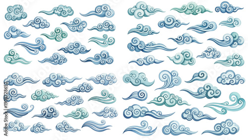 A charming watercolor collection of airy sky elements, featuring stylized clouds, curling wind shapes, and gentle watercolor textures.