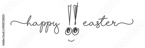 Happy Easter greeting card. Drawing of a funny cute face of a smiling Easter bunny with handwritten calligraphy text on a white background