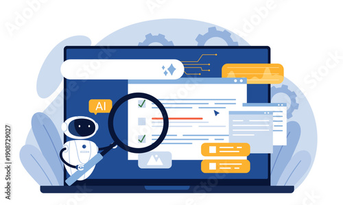 AI robot analyzing search engine results with magnifying glass, enhancing content visibility and SEO strategies for digital platforms vector illustration