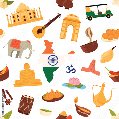 Traditional Indian symbols, food, monuments, and cultural elements arranged in a seamless pattern for creative projects and backgrounds, isolated on white background vector illustration