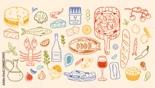 Traditional Italian and Greek elements isolated on white background vector illustration. Hand-drawn color line Mediterranean food icons elements set with seafood, pasta, vegetables, and wine.