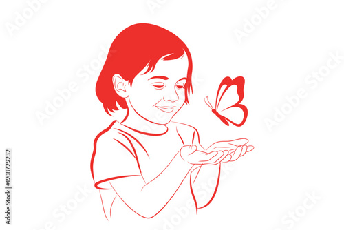 A young girl gently holding a butterfly in her hand with a smile
