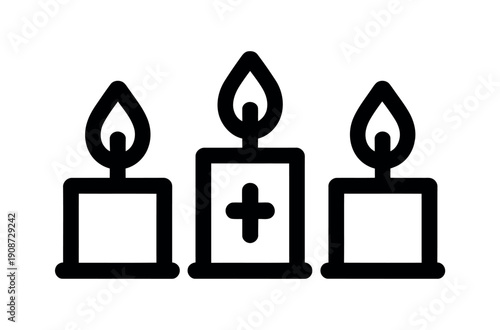 A medical cross symbol on a candle surrounded by two regular candles in a simple black line art style