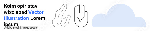 Communication, hand gestures, weather forecast, user interface, digital design, modern minimalism. Outlined hand, abstract shape and cloud. Communication and hand gestures usage concepts