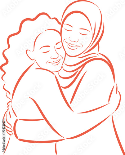 A woman wearing a hijab hugging a young girl with curly hair.