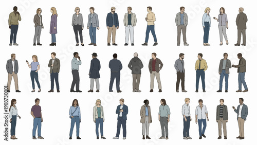 diverse people standing, casual outfits, various poses, white background
