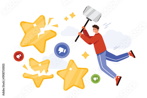 Negative customer feedback, complaint for bad product, service quality. Tiny angry man hitting rating star with hammer to break, client feeling disappointed by experience cartoon vector illustration