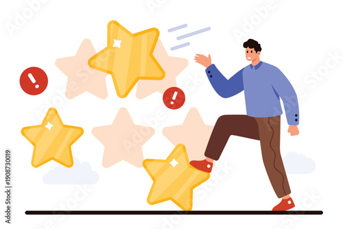 Negative and bad customer feedback, complaint and dislike comment in social media. Tiny angry man throwing rating star of poor quality product or failure of service cartoon vector illustration